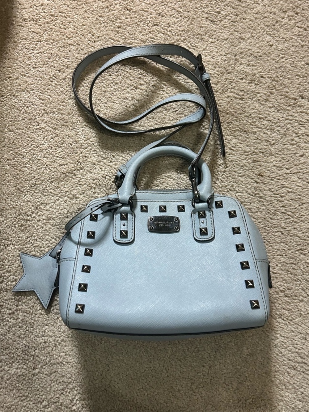 Michael Kors Powder Blue Crossbody Satchel Star Charm Saffiano Tote Leather